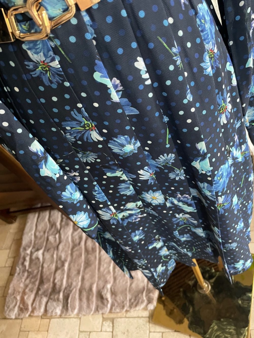 Gracia Navy Floral Tie-Neck Long Sleeve Dress Belt Spring Tea Party Large - Picture 10 of 14